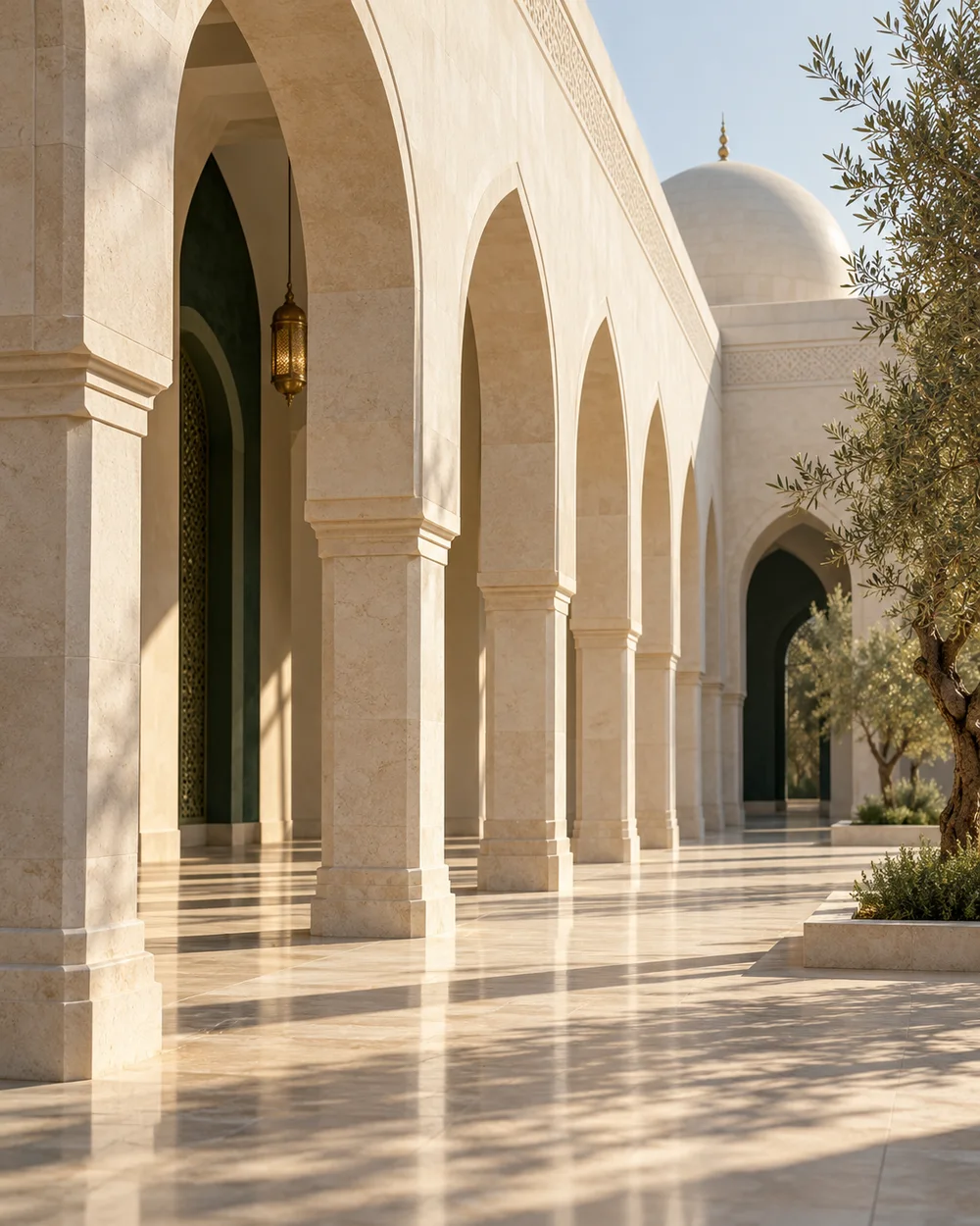 Sunlit stone arches in a peaceful mosque courtyard