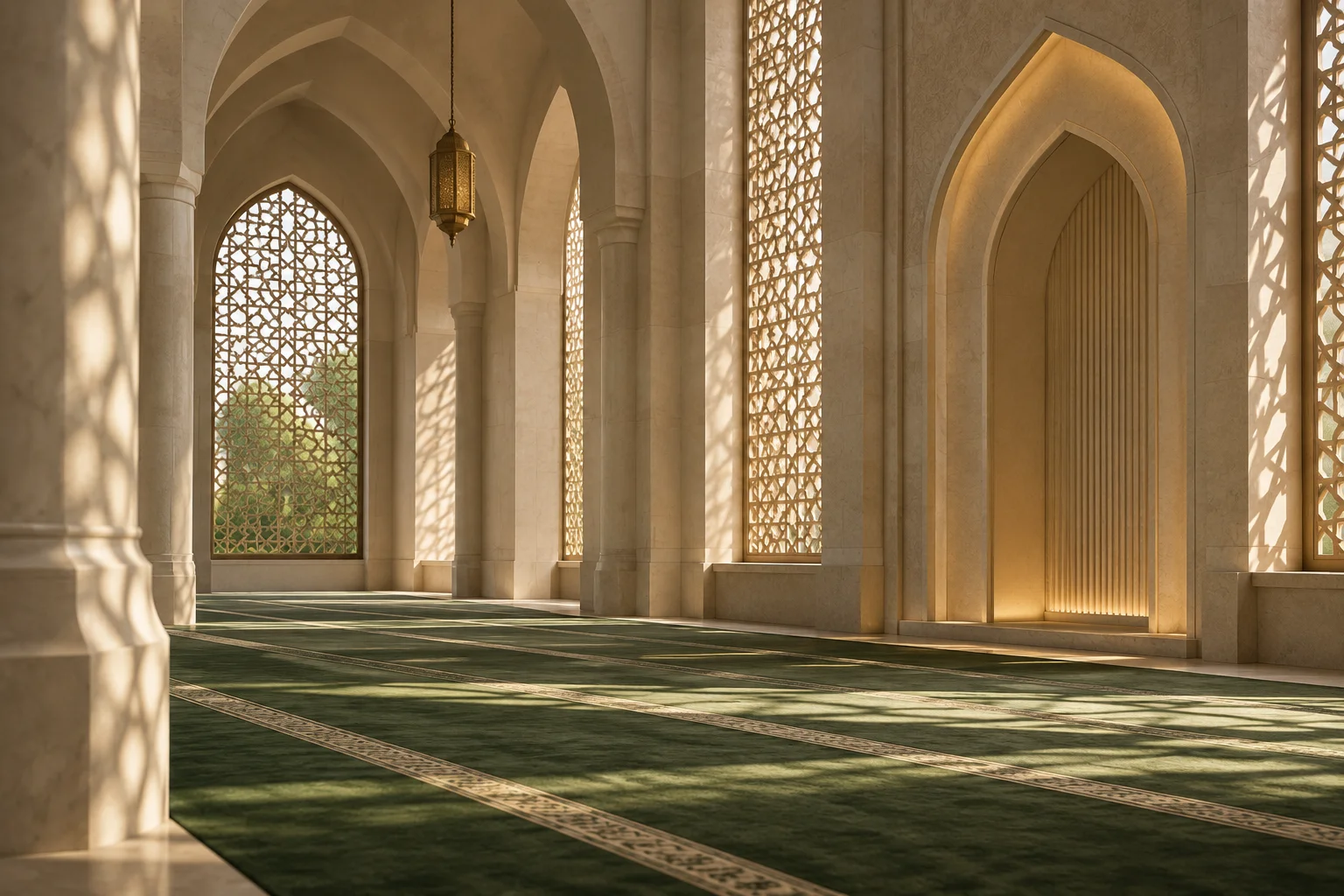 Warm sunlight through geometric windows in a quiet mosque prayer hall